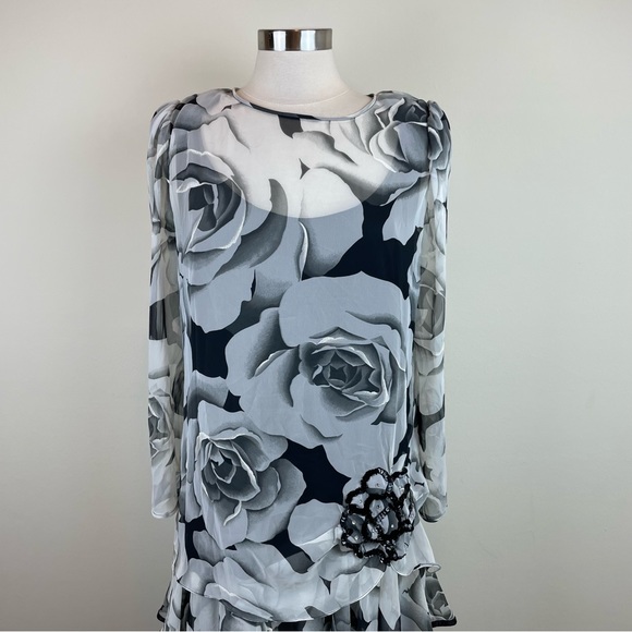 Vintage Pat Richards By Michael Maiello Black White Rose Floral Dress Size 16 - Picture 4 of 11